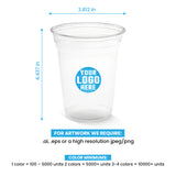 16 oz. custom printed recyclable plastic cup with ‘Your Logo Here’, showing measurements and artwork rules.