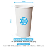 20 oz. custom printed recyclable paper cup with ‘Your Logo Here’, showing measurements and artwork rules.