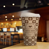 16 oz. Brown Full Wrap Recyclable Paper Cup displaying "Coffee House", on a wooden table.