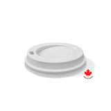 White paper cup dome lid for 8 oz recyclable or compostable cups on white background