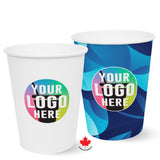 Two 12 oz. Multicolor recyclable Paper Cup with "Your Logo Here" on white background