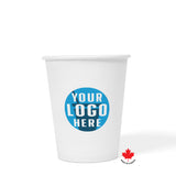 12 oz custom printed recyclable paper cup with "Your Logo Here" on white background