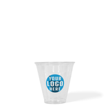 5 oz custom printed recyclable plastic cup with "Your Logo Here" on white background
