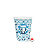 8 oz. blue and white Full Wrap Recyclable Paper Cup with "Your Logo Here" on white background.