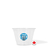 9 oz plastic cup with "Your Logo Here" printed on center, white background