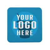Blue square medium weight coaster, with "Your logo here" on a white background