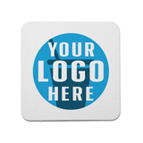 White square custom printed recyclable medium weight coaster with "Your Logo Here" on white background