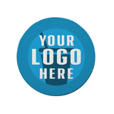 Round blue custom printed recyclable medium weight coaster with "Your Logo Here" white text on white background