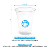 12 oz. custom printed recyclable plastic cup with ‘Your Logo Here’, showing measurements and artwork rules.