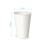 Blank 16 oz paper cup on white background showing measurements in inches