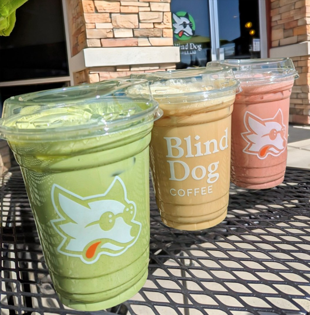 Three smoothie cups from Blind Dog Coffee on a metal table outside a building.