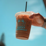 16 oz plastic cup with blue "Lucky Catskills" cat logo, filled with iced coffee, flat lid and black straw, held by hand with sky background