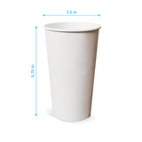 Blank 20 oz paper cup on white background showing measurements in inches