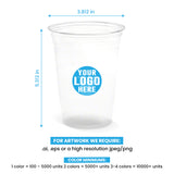 20 oz. custom printed recyclable plastic cup with ‘Your Logo Here’, showing measurements and artwork rules.
