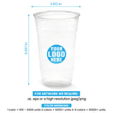 24 oz. custom printed recyclable plastic cup with ‘Your Logo Here’, showing measurements and artwork rules.