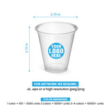 5 oz. custom printed recyclable plastic cup with ‘Your Logo Here’, showing measurements and artwork rules.