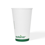 Blank 16 oz compostable paper cup with green "ecotainer" text and a green band, on white background.