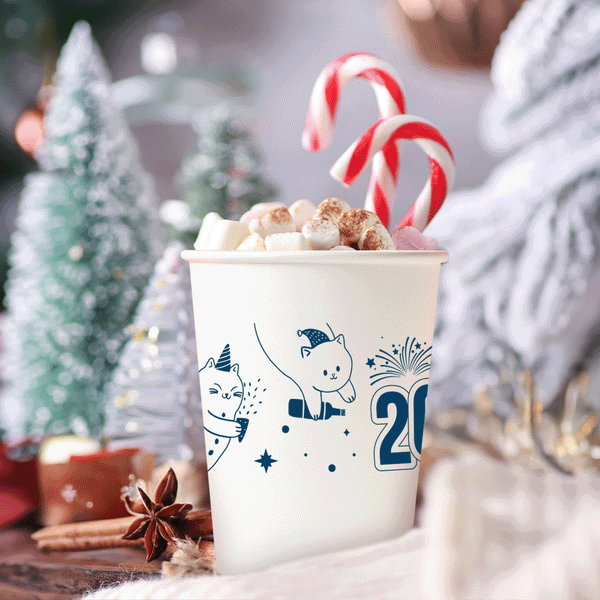 12 oz. Holiday Recyclable Paper Cup - Purring in the New Year (Navy)