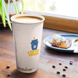 20 oz paper cup with green "ecotainer" text and blue yellow "Coffee House" logo, filled with coffee, on table with spilled beans and muffin plate by window