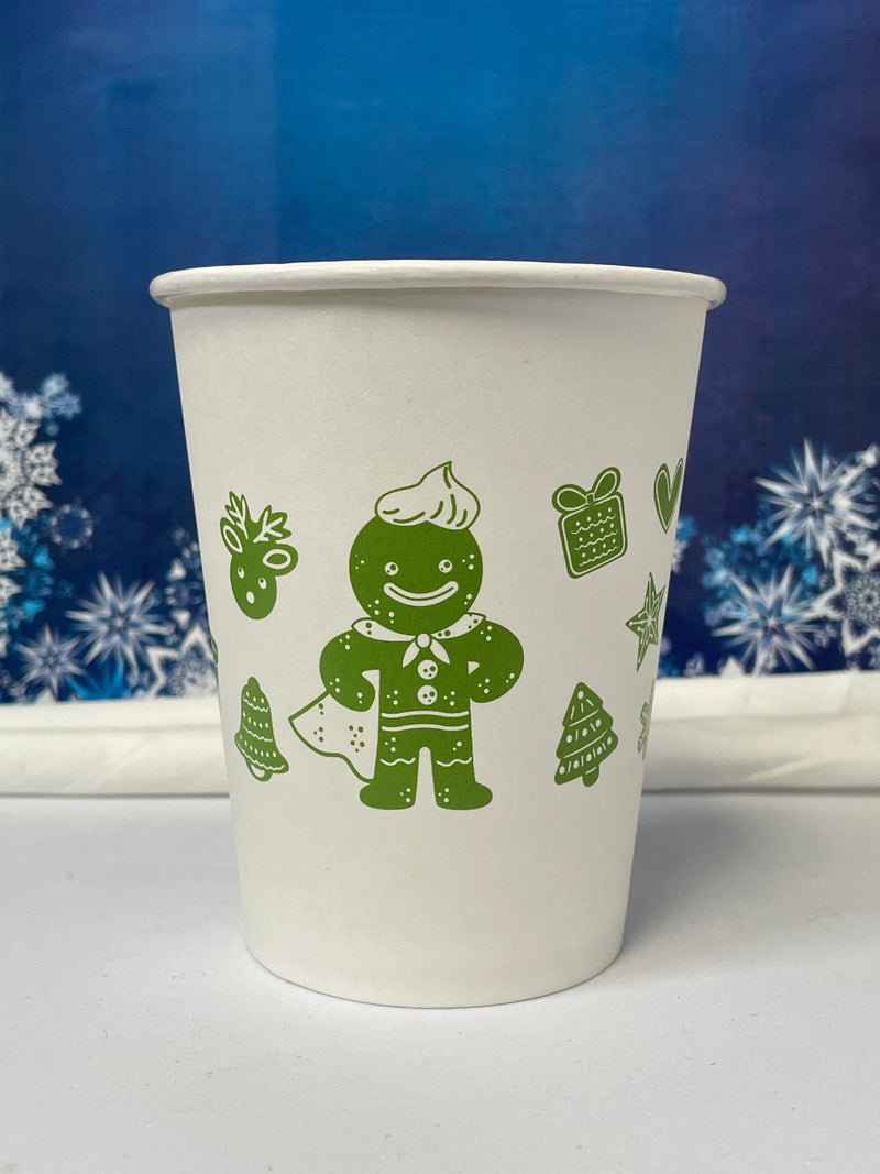 12 oz. Holiday Recyclable Paper Cup - Gingerbread Bash (Green) - THE CUP STORE CANADA
