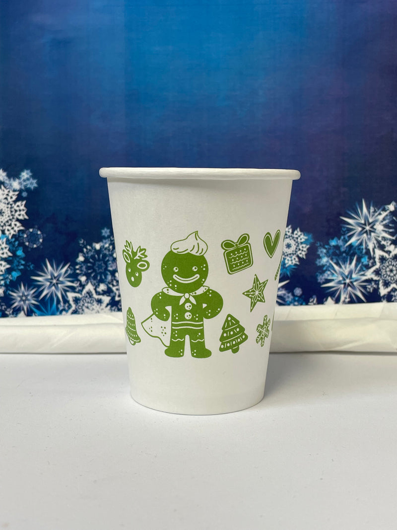 8 oz. Holiday Recyclable Paper Cup - Gingerbread Bash (Green) - THE CUP STORE CANADA