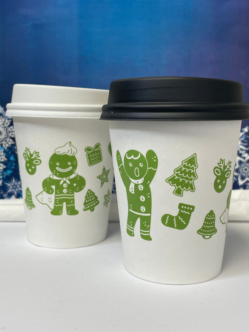 8 oz. Holiday Recyclable Paper Cup - Gingerbread Bash (Green) - THE CUP STORE CANADA