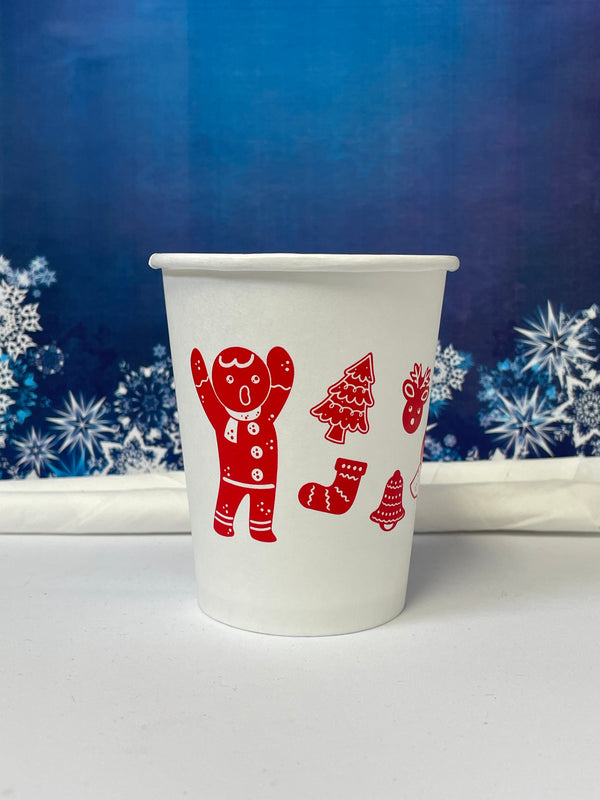 8 oz. Holiday Recyclable Paper Cup - Gingerbread Bash (Red) - THE CUP STORE CANADA