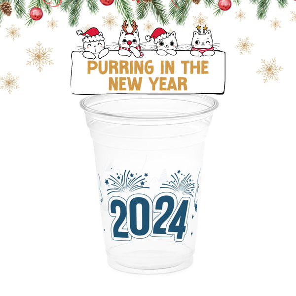 10 oz. Holiday Recyclable Plastic Cup - Purring in the New Year (Navy)