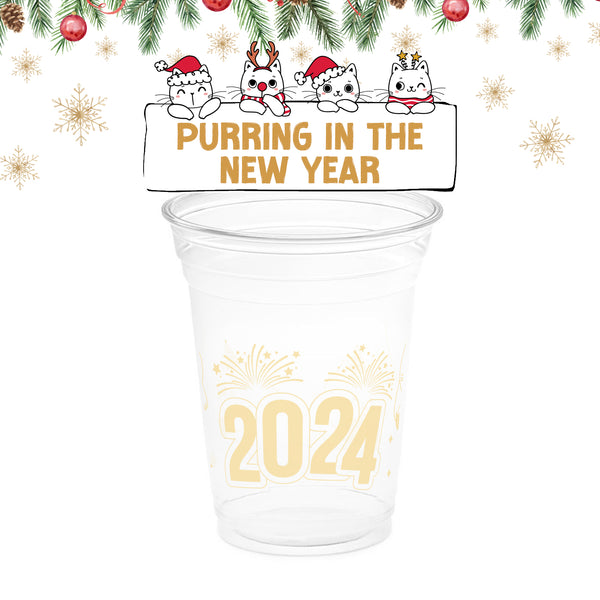 10 oz. Holiday Recyclable Plastic Cup - Purring in the New Year (Cream)