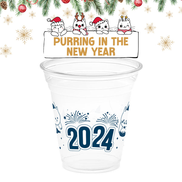 12 oz. Holiday Recyclable Plastic Cup - Purring in the New Year (Navy)