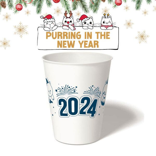 12 oz. Holiday Recyclable Paper Cup - Purring in the New Year (Navy)