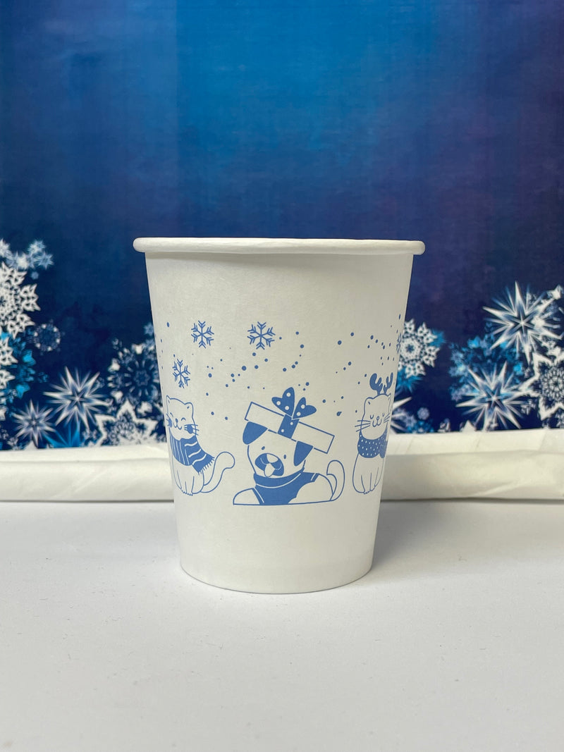 8 oz. Holiday Recyclable Paper Cup - Sip, Sit, & Stay (Blue) - THE CUP STORE CANADA