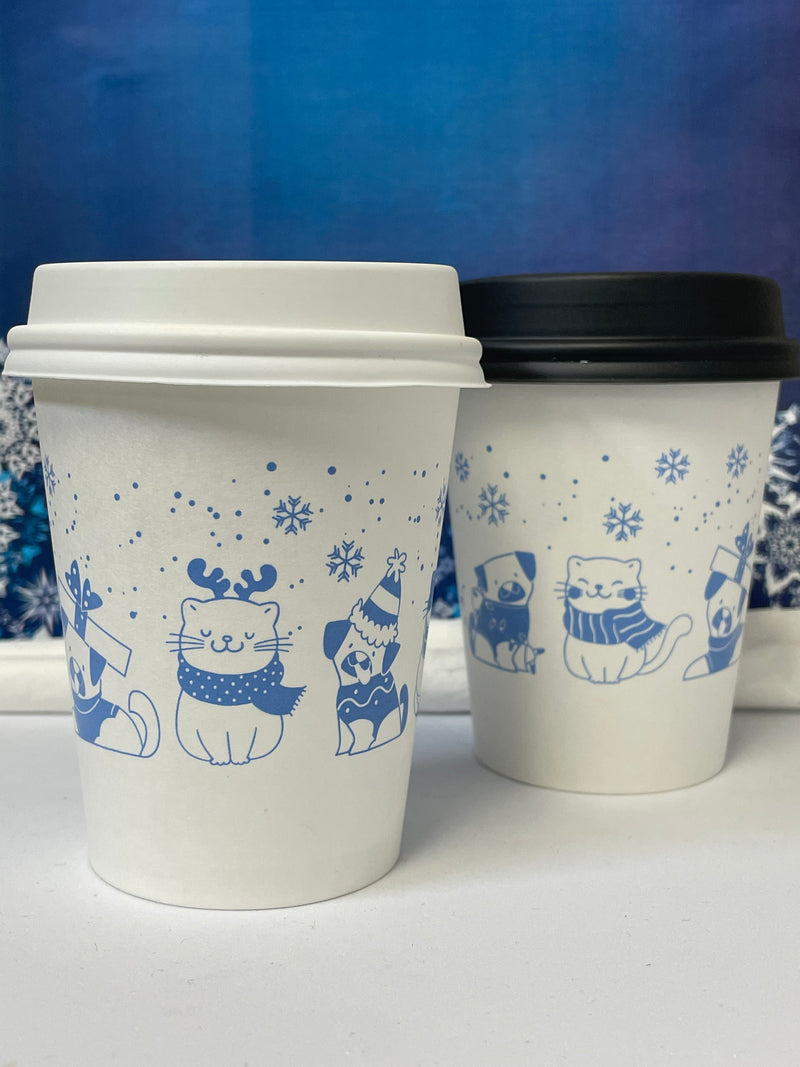 8 oz. Holiday Recyclable Paper Cup - Sip, Sit, & Stay (Blue) - THE CUP STORE CANADA