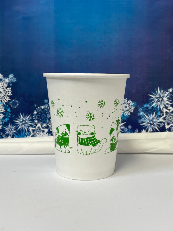 8 oz. Holiday Recyclable Paper Cup - Sip, Sit, & Stay (Green) - THE CUP STORE CANADA