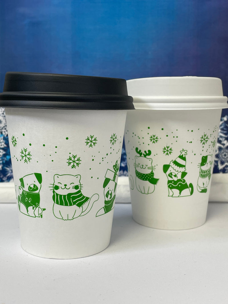 8 oz. Holiday Recyclable Paper Cup - Sip, Sit, & Stay (Green) - THE CUP STORE CANADA