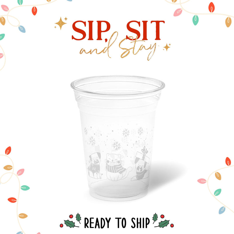 10 oz. Holiday Recyclable Plastic Cup - Sip, Sit, & Stay (White) - THE CUP STORE CANADA