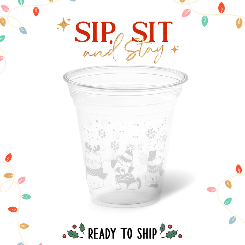 12 oz. Holiday Recyclable Plastic Cup - Sip, Sit, & Stay (White) - THE CUP STORE CANADA