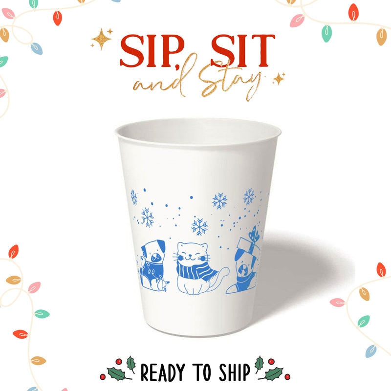 12 oz. Holiday Recyclable Paper Cup - Sip, Sit, & Stay (Blue) - THE CUP STORE CANADA