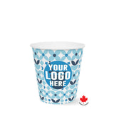 10 oz. blue and white Full Wrap Recyclable Paper Cup with "Your Logo Here" on white background.