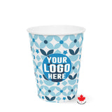 12 oz. blue and white Full Wrap Recyclable Paper Cup with "Your Logo Here" on white background.