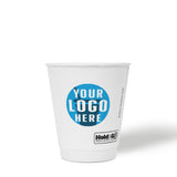 12 oz custom printed premium recyclable double walled paper cup with "Your Logo Here" on white background