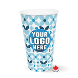 16 oz. blue and white Full Wrap Recyclable Paper Cup with "Your Logo Here" on white background.