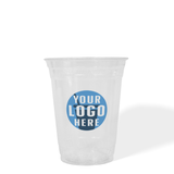 16 oz custom printed compostable plastic cup with "Your Logo Here" on white background