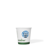 4 oz compostable paper cup with green bottom stripe and green "ecotainer" text, custom printed "Your Logo Here", on white background