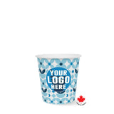 4 oz. blue and white Full Wrap Recyclable Paper Cup with "Your Logo Here" on white background.