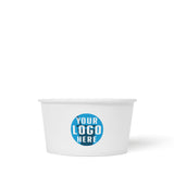 5 oz custom printed recyclable paper food container with "Your Logo Here" on white background