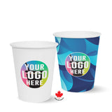 Two 8 oz. Multicolor Recyclable  Paper Cup with "Your Logo Here" on white background.