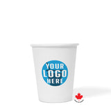 8 oz custom printed recyclable paper cup with "Your Logo Here" on white background