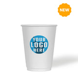 12 oz custom printed recyclable double walled paper cup with "Your Logo Here" on white background
