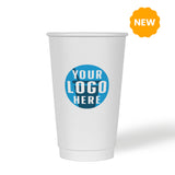 16 oz custom printed recyclable double walled paper cup with "Your Logo Here" on white background